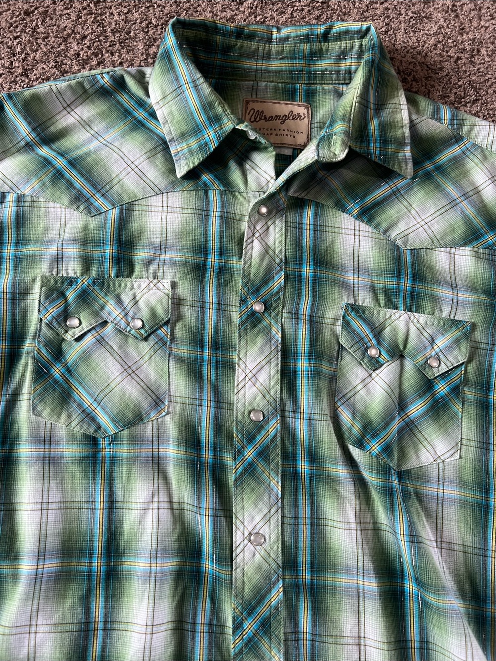 Wrangler Western Fashion Pearl Snap Shirt Green And White Men's 2XL Casual - Picture 3 of 7